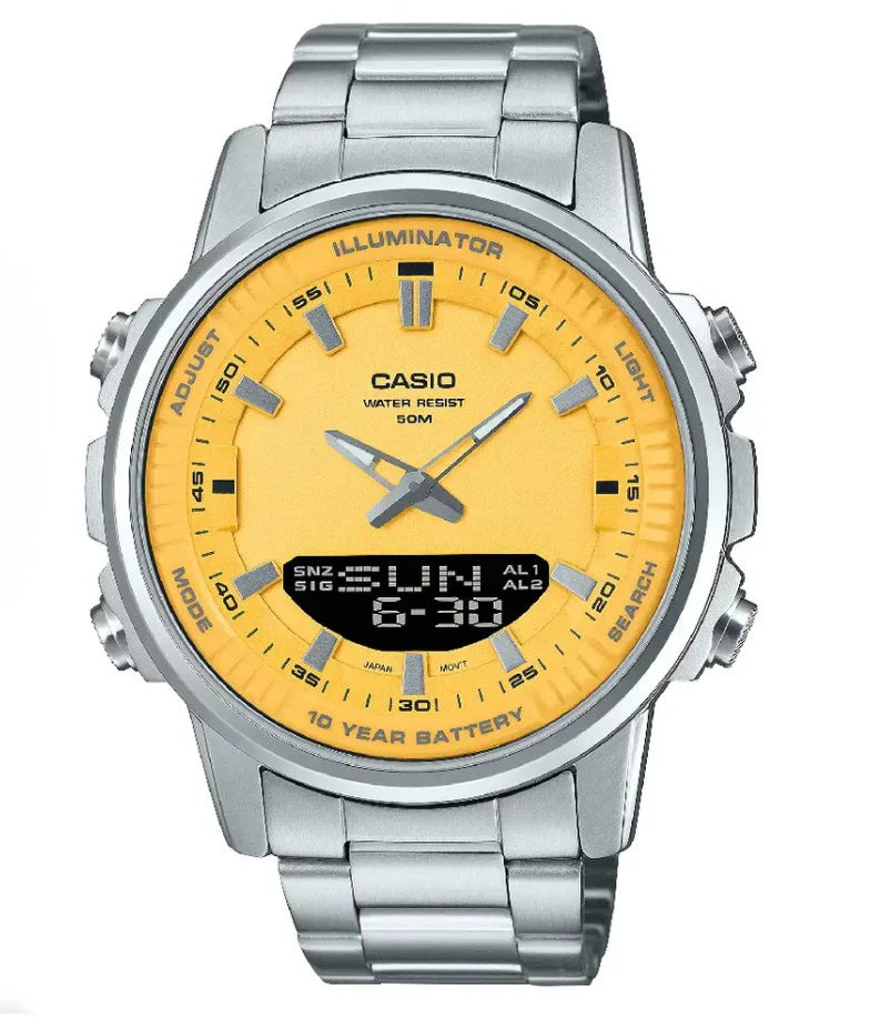 Dual Display Turquoise Dial Stainless Steel Watch with Backlight & 10-Year Battery